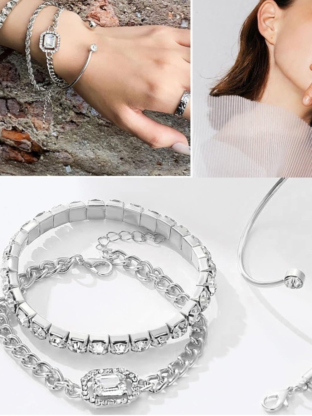 Anthropologie Silver Crystal Chain Bracelet Set